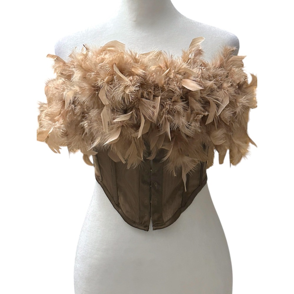 Fashion Nova Luxe Feather Corset Top Med Taupe Strapless Bustier Party Festival